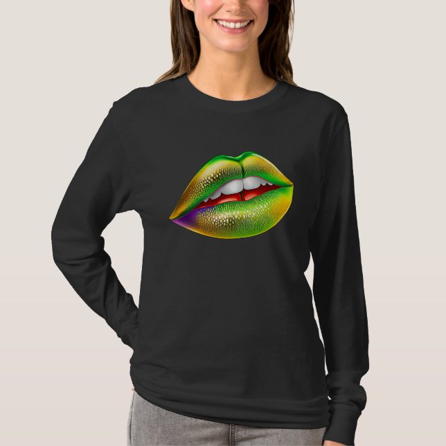 Mardi Gras Lips Green Purple & Gold  1 T-Shirt (Front)