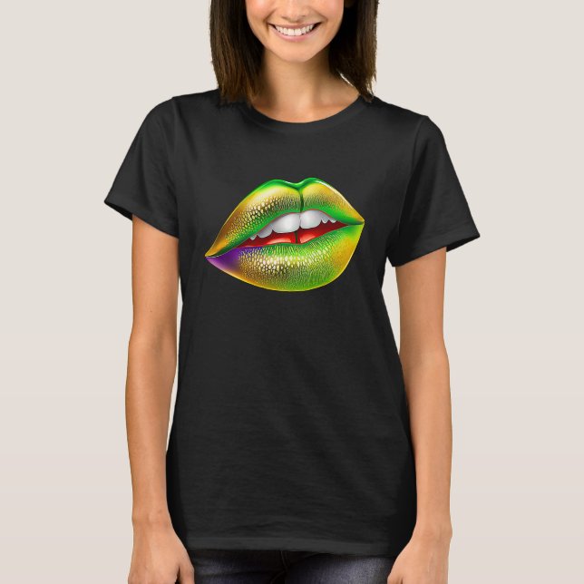 Mardi Gras Lips Green Purple & Gold  1 T-Shirt (Front)