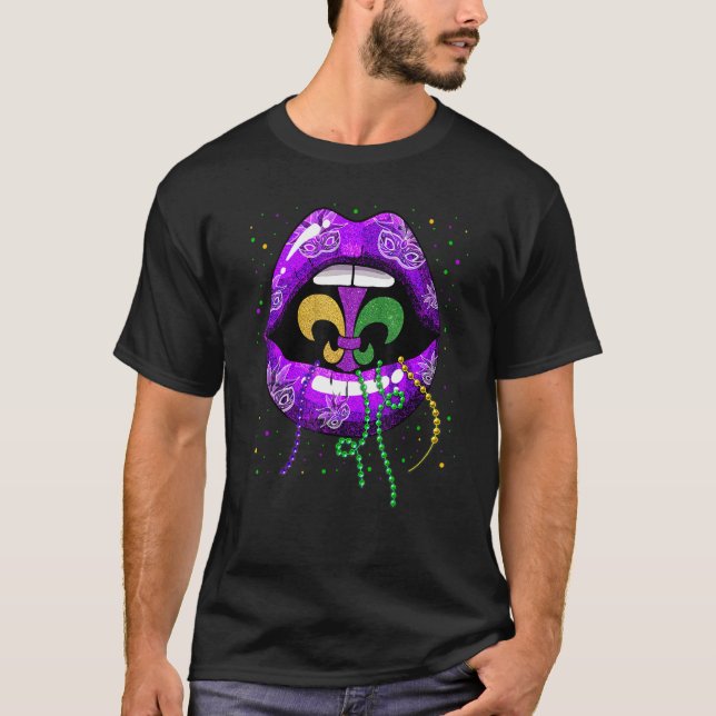 Mardi Gras Lips Queen Carnival Costume Purple Gree T-Shirt (Front)