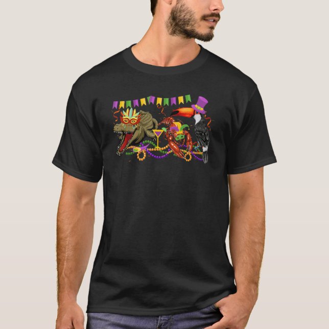 Mardi Gras Louisiana Crawfish Crocodile Pelican T-Shirt (Front)