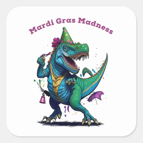 Mardi Gras Madness T Rex Dinosaur Bead Mardi Grawr Square Sticker