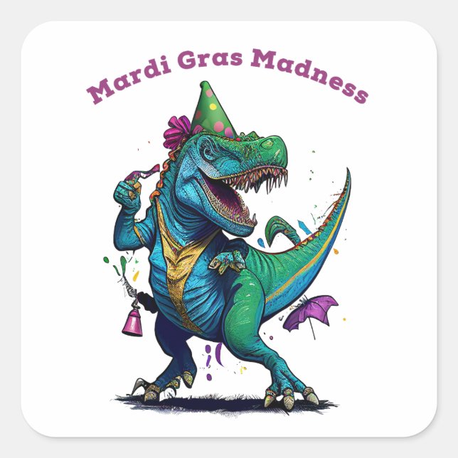 Mardi Gras Madness T Rex Dinosaur Bead Mardi Grawr Square Sticker (Front)