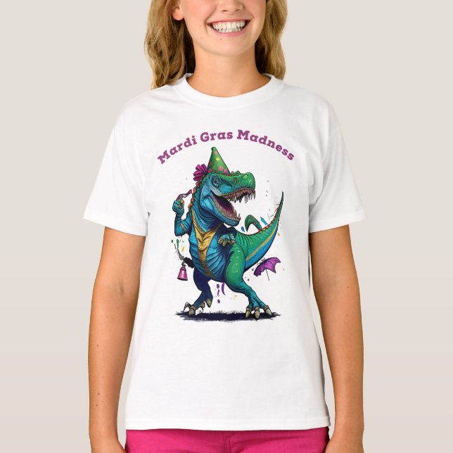 Mardi Gras Madness T Rex Dinosaur Bead Mardi Grawr T-Shirt (Front)