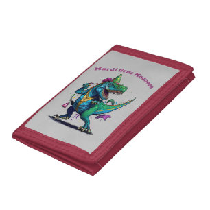 Mardi Gras Madness T Rex Dinosaur Bead Mardi Grawr Trifold Wallet