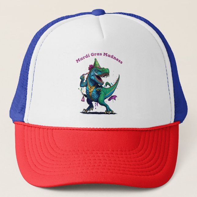 Mardi Gras Madness T Rex Dinosaur Bead Mardi Grawr Trucker Hat (Front)