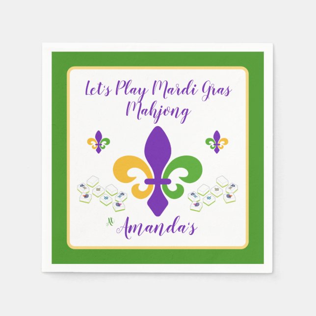 Mardi Gras Mahjong NAME Green Gold Purple Fleur de Napkins (Front)