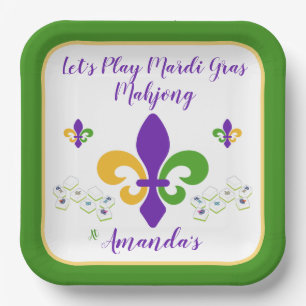 Mardi Gras Mahjong NAME Green Gold Purple Fleur de Paper Plates