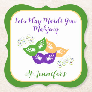 Mardi Gras Mahjong PERSONALIZE Green Gold Purple Paper Coaster