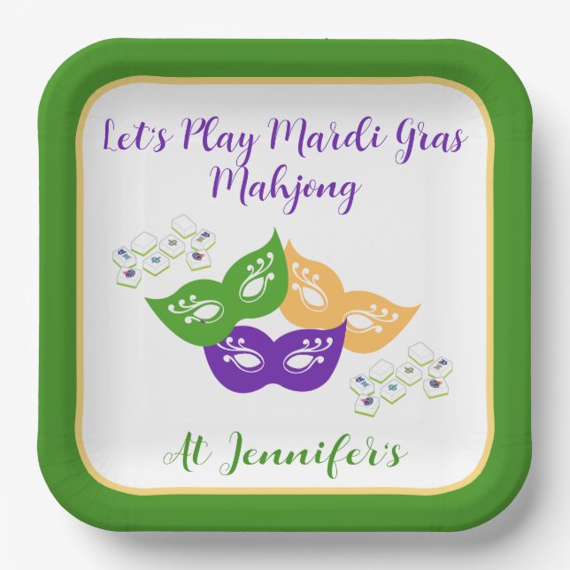 Mardi Gras Mahjong PERSONALIZE Green Gold Purple  Paper Plates (Front)