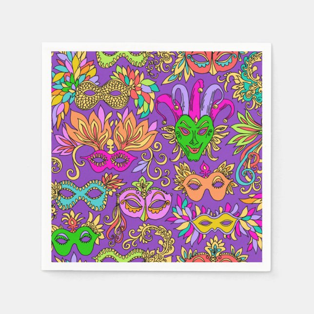 Mardi Gras Maquerade Mask Bright Purple Green Napkins (Front)