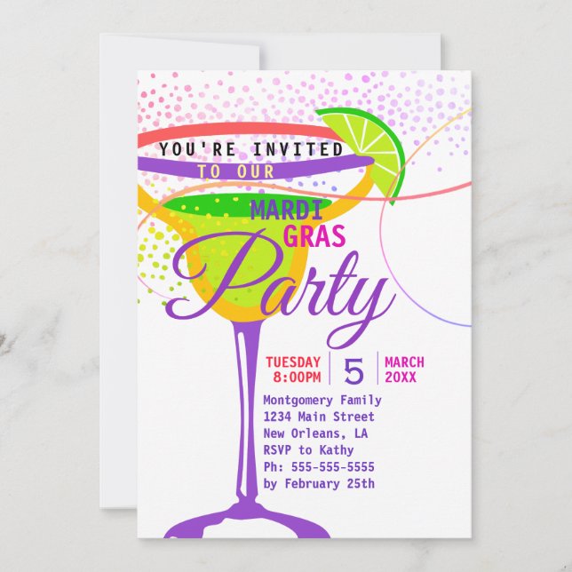 Mardi Gras Martini Glass Purple Gold Green Party Invitation (Front)