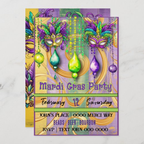 Mardi Gras Mask and Beads Party Invitation