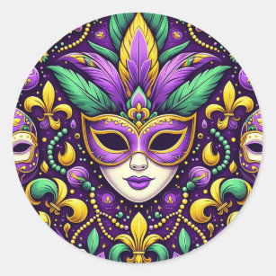 Mardi Gras mask/beads/fleur de lis Classic Round Sticker