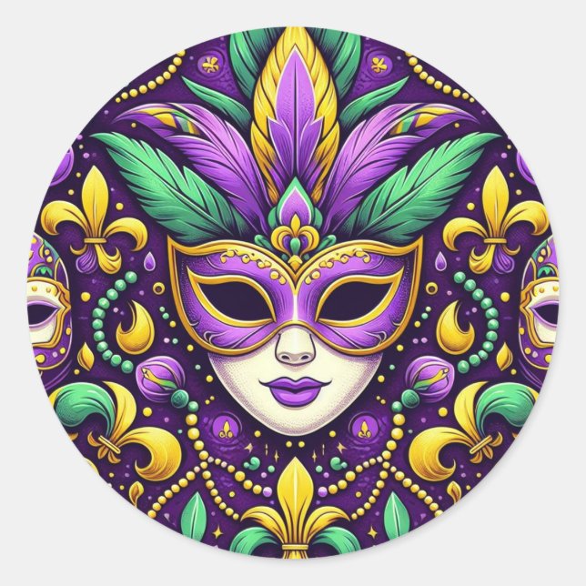 Mardi Gras mask/beads/fleur de lis Classic Round Sticker (Front)