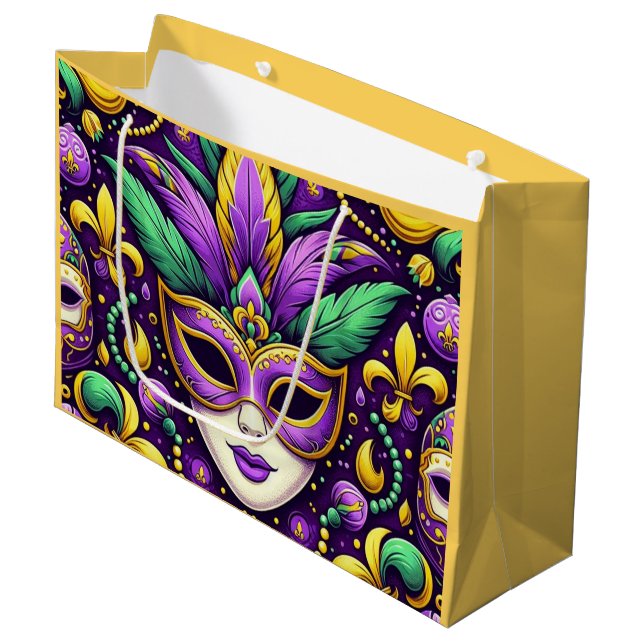 Mardi Gras mask/beads/fleur de lis Large Gift Bag (Front Angled)