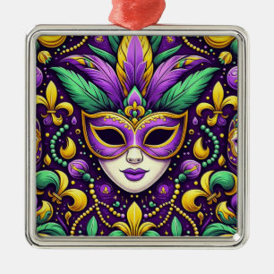 Mardi Gras mask/beads/fleur de lis Metal Ornament