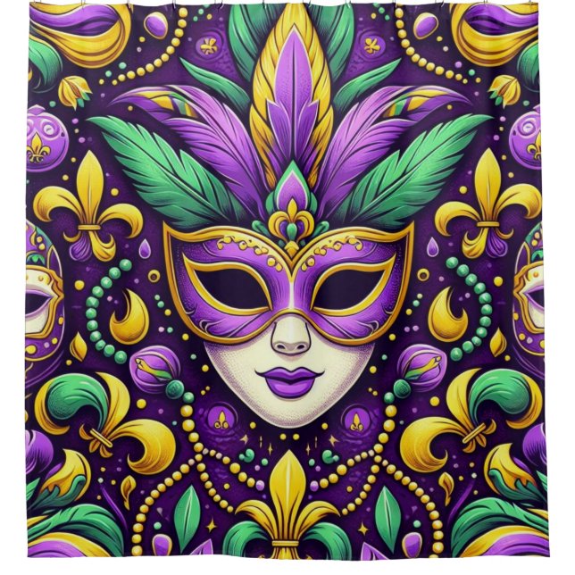 Mardi Gras mask/beads/fleur de lis Shower Curtain (Front)