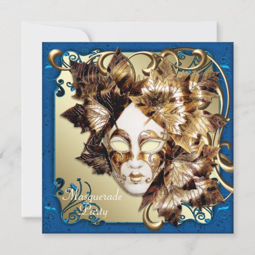 Mardi Gras Mask Blue Gold Masquerade Party Invitation