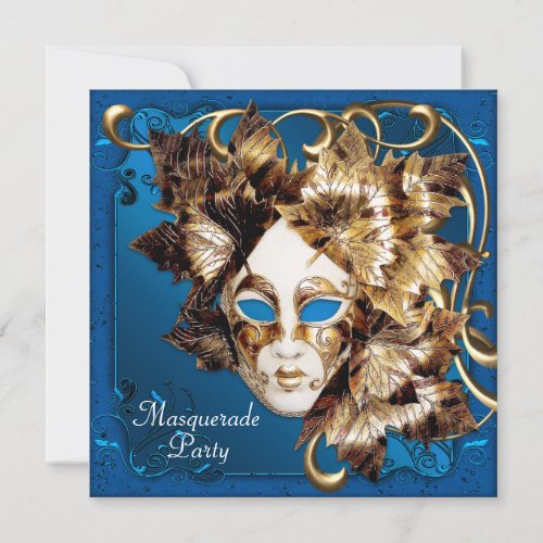 Mardi Gras Mask Blue Gold Masquerade Party Invitation