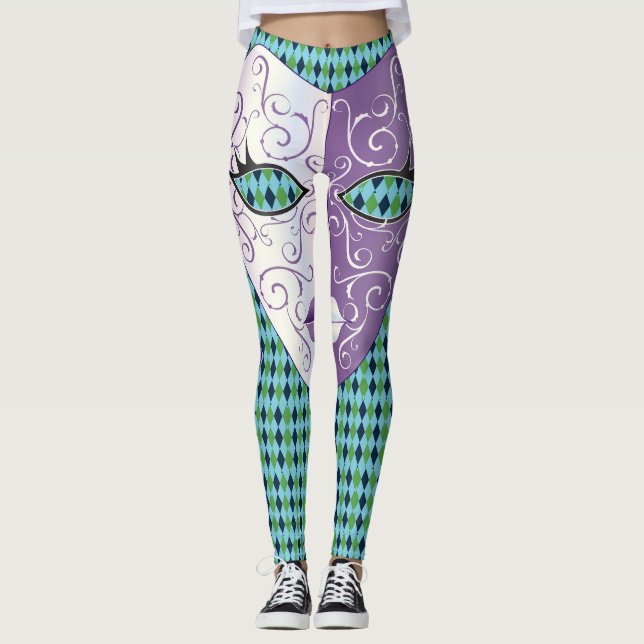 Mardi Gras Mask diamond plaid Thunder_Cove Leggings (Front)