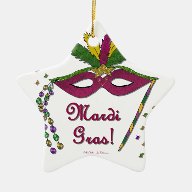 Mardi Gras Mask Feather Beads Ceramic Ornament (Front)