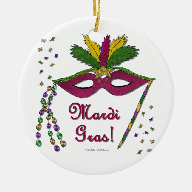 Mardi Gras Mask Feather Beads Ceramic Ornament (Front)