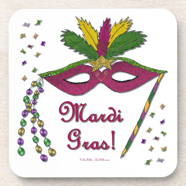 Mardi Gras Mask Feather Beads Drink Coaster (Front)