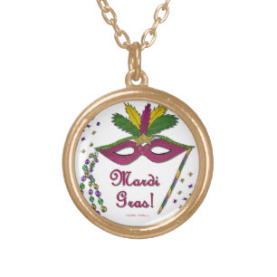 Mardi Gras Mask Feather Beads Gold Plated Necklace