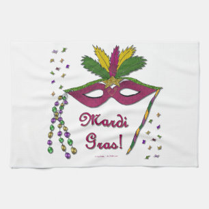 Mardi Gras Mask Feather Beads Kitchen Towel