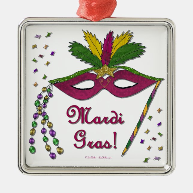 Mardi Gras Mask Feather Beads Metal Ornament (Front)