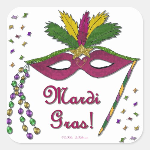 Mardi Gras Mask Feather Beads Square Sticker