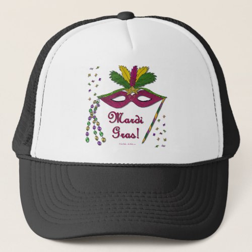 Mardi Gras Mask Feather Beads Trucker Hat
