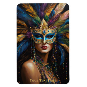 Mardi Gras Mask Feathers Beads Custom Text Cute Magnet