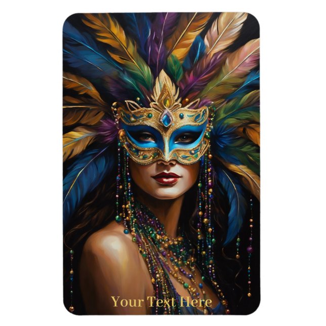 Mardi Gras Mask Feathers Beads Custom Text Cute Magnet (Vertical)