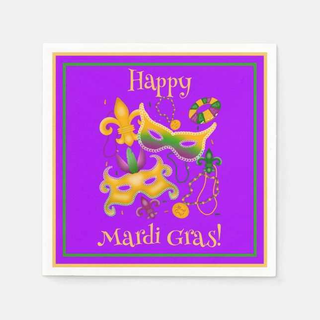 Mardi Gras Mask Fleur de Lis Beads King Cake Napkins (Front)