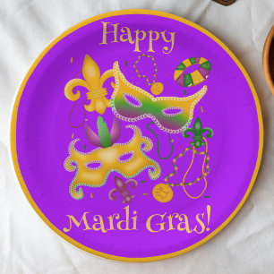 Mardi Gras Mask Fleur de Lis Beads King Cake Paper Plates