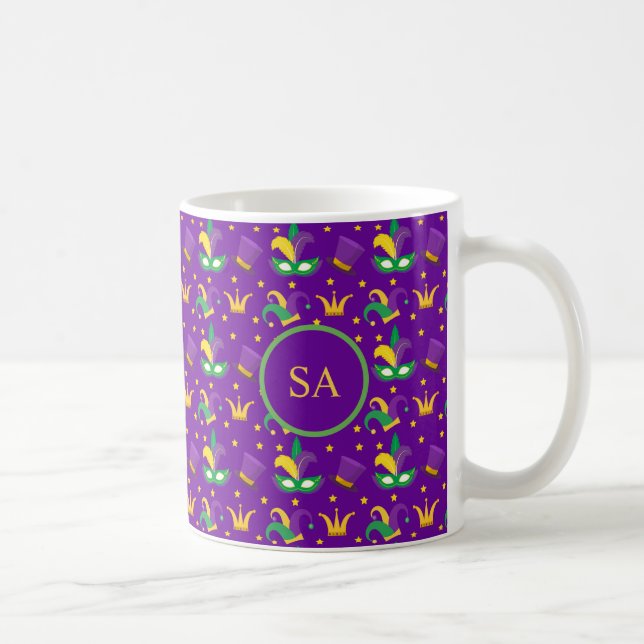 Mardi Gras Mask Green Gold Purple Clown Hat Crown Coffee Mug (Right)