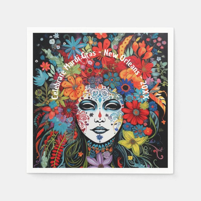 Mardi Gras Mask & Headdress Custom Text Party Napkins (Front)