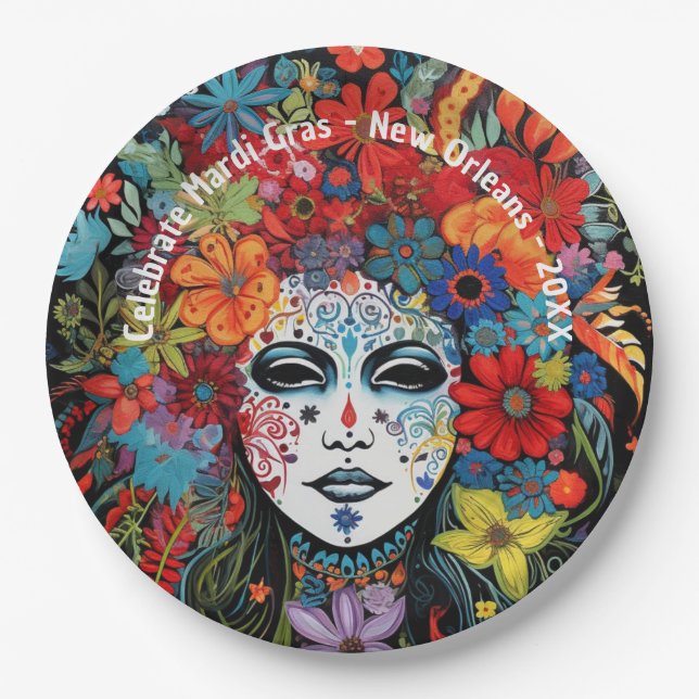 Mardi Gras Mask & Headdress Custom Text Party Paper Plates (Front)