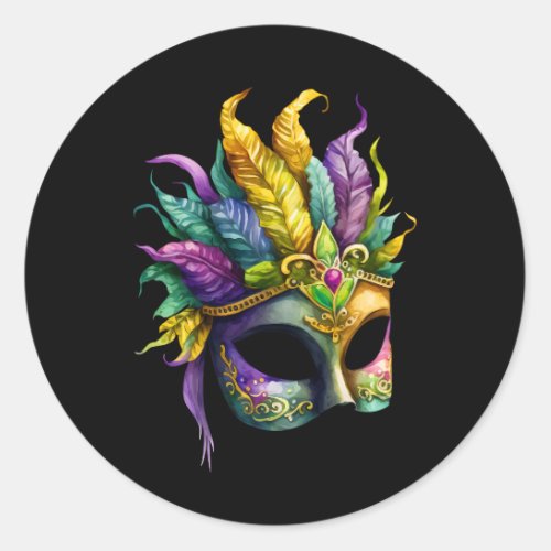 Mardi Gras Mask on Black Round Sticker