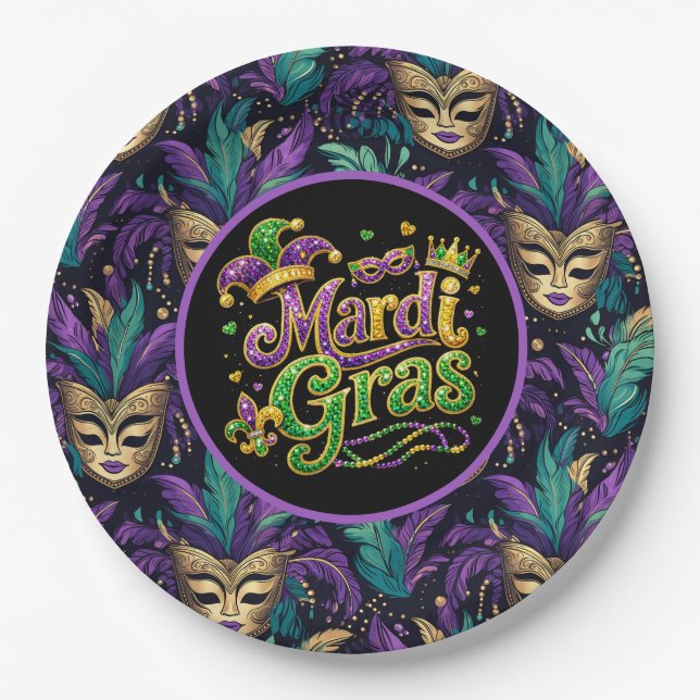 Mardi Gras Mask  Paper Plates (Front)