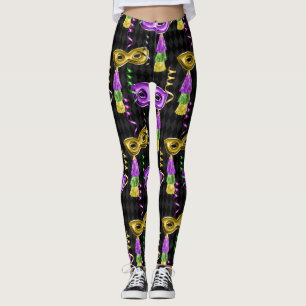 Mardi Gras Mask Pattern Gold Purple Leggings
