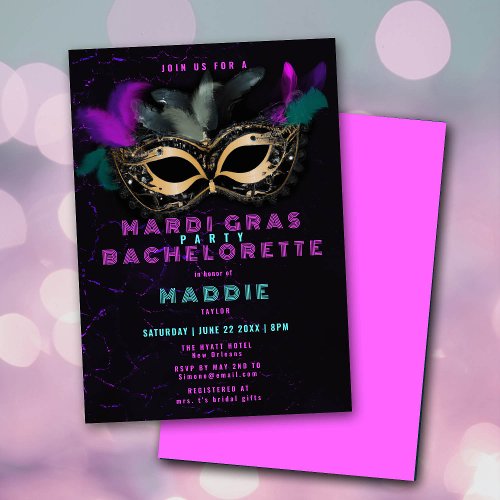 Mardi Gras Mask Pink Neon Nola Bachelorette Party Invitation
