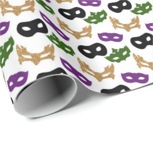 Mardi Gras Mask Purple Green Faux Gold Black Wrapping Paper