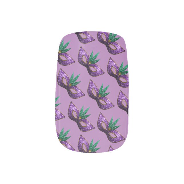 Mardi Gras Mask Purple Green Gold Sparkle lavender Minx Nail Art (Left Thumb)