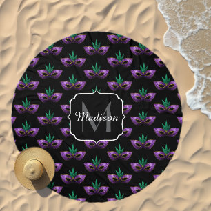 Mardi Gras Mask Purple Green Gold Sparkle Monogram Beach Towel