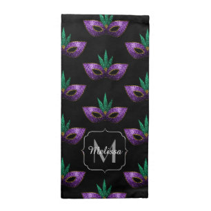 Mardi Gras Mask Purple Green Gold Sparkle Monogram Cloth Napkin