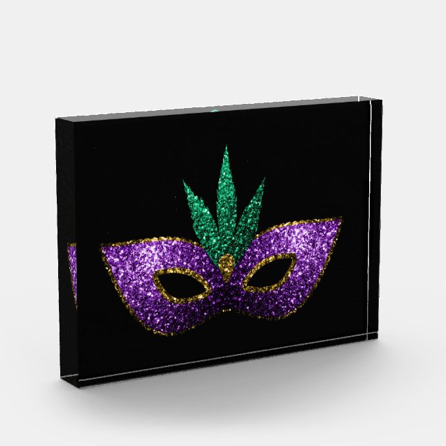 Mardi Gras Mask Purple Green Gold Sparkles black Acrylic Award (Left)