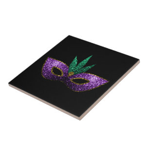 Mardi Gras Mask Purple Green Gold Sparkles black Ceramic Tile