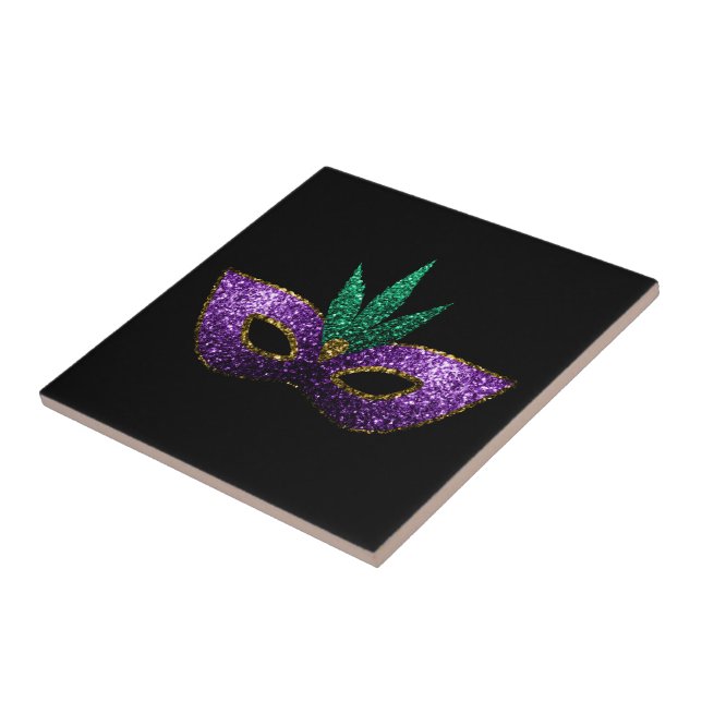 Mardi Gras Mask Purple Green Gold Sparkles black Ceramic Tile (Side)